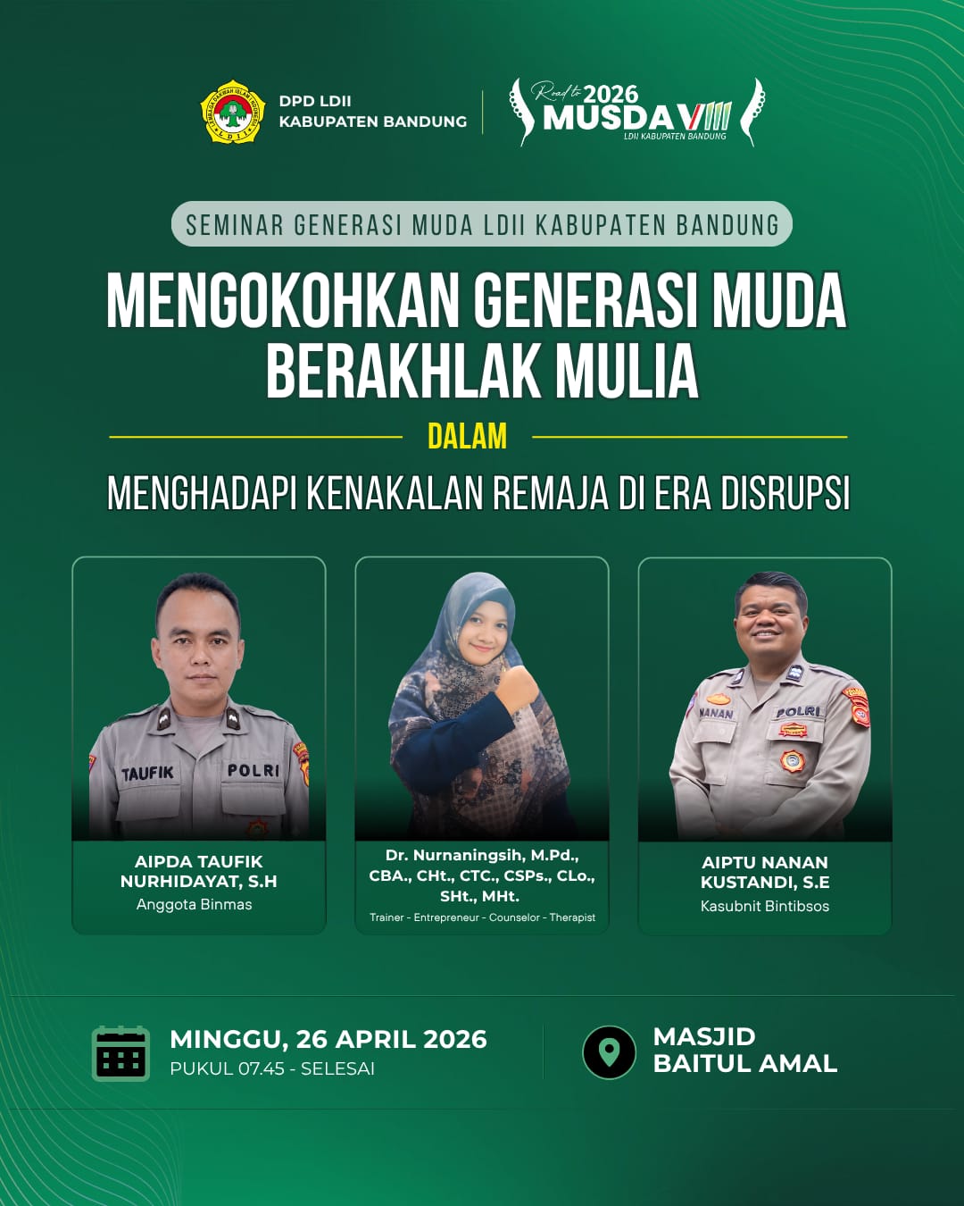 Seminar Generasi Muda LDII Kabupaten Bandung Road to Musda VIII menghadirkan narasumber kepolisian dan praktisi pengembangan diri