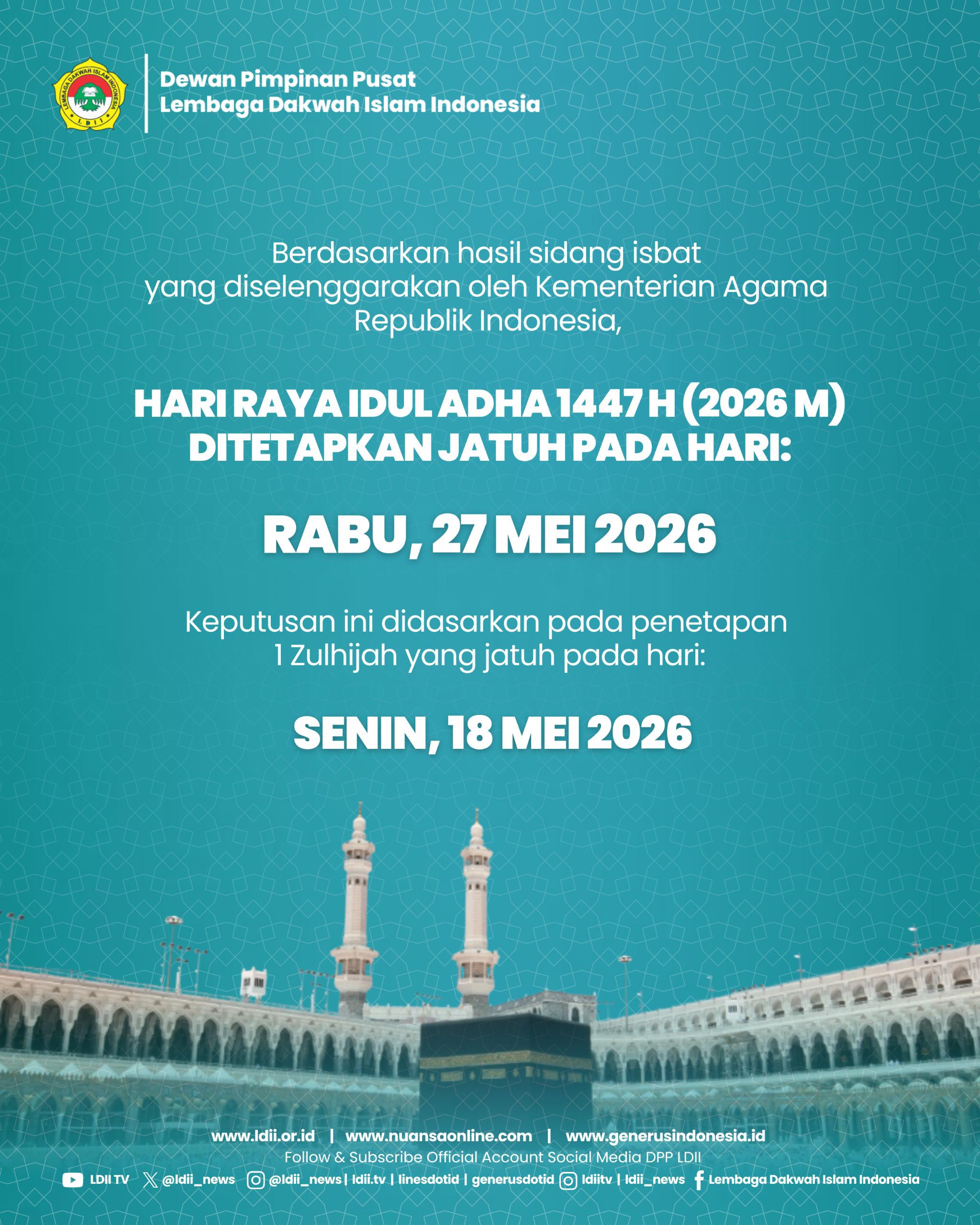 Pemerintah melalui Kementerian Agama Republik Indonesia menetapkan 1 Dzulhijjah 1447 Hijriah Flyer