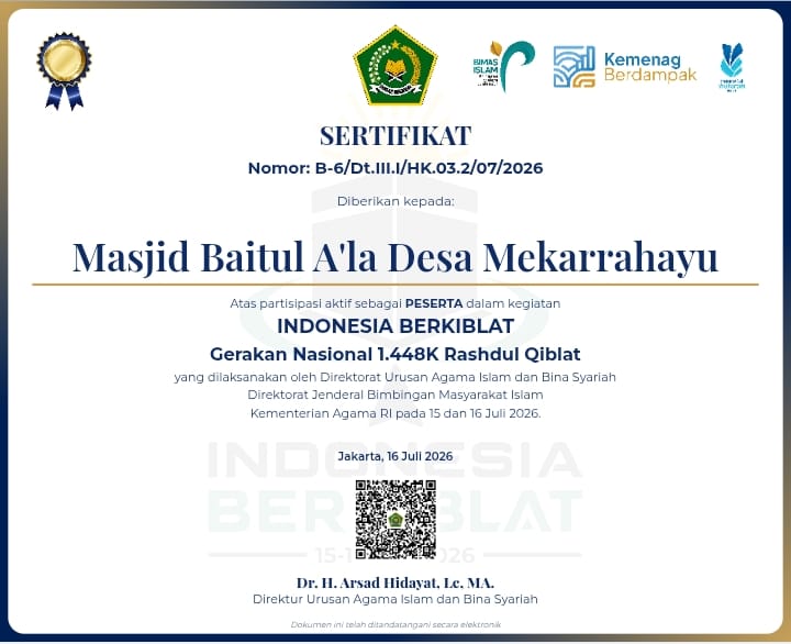 Masjid Baitul A'la Mekarrahayu Ikuti Pengukuran Kiblat - SERTIFIKAT